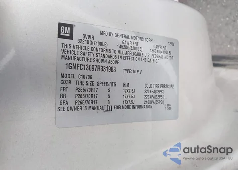 2007 Chevrolet Tahoe Lt from USA, damaged, VIN 1GNFC13097R331983